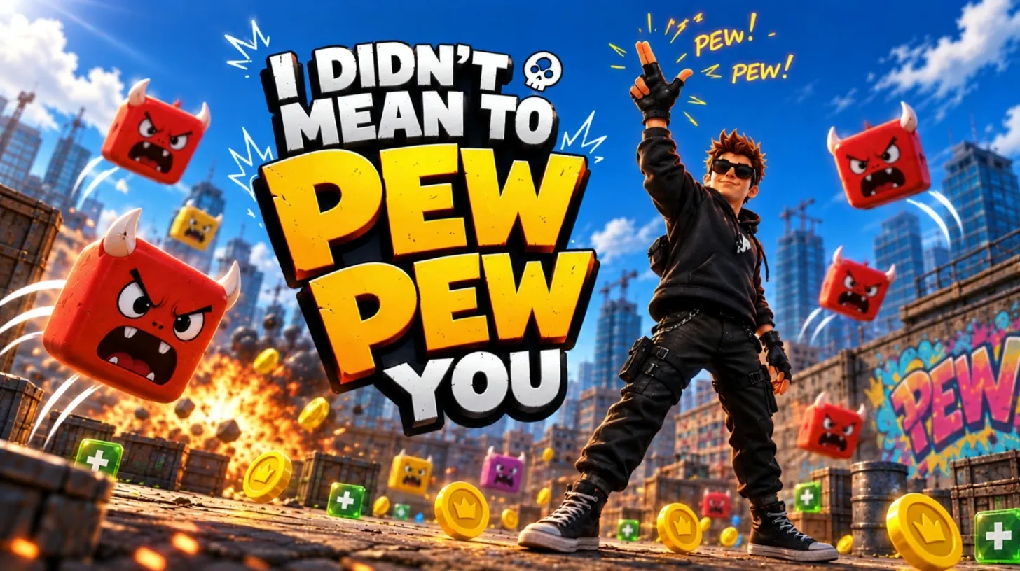 Nyckelgrafik för I Didn’t Mean to Pew Pew You. En kille i svart riktar en fingerpistol mot himlen medan argsinta kubmonster studsar genom en solig stad full av byggkranar.