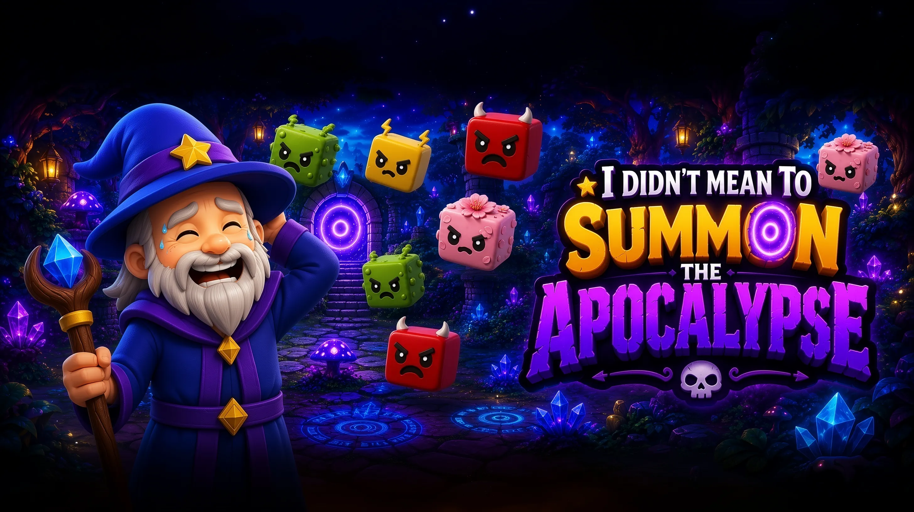 Nyckelgrafik för I Didn't Mean to Summon the Apocalypse. En generad trollkarl kliar sig i huvudet medan argsinta tärningsmonster väller ut ur en lysande portal.